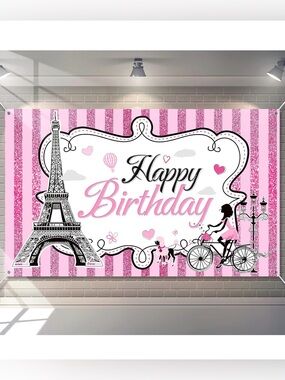 Happy Birthday Paris Backdrop - Pink Striped Party Banner